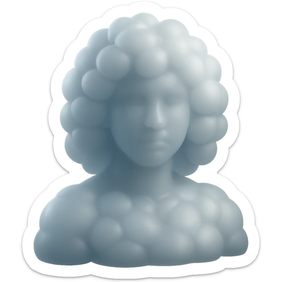 person looking straight, made entirely of very voluminous white fluffy convex clouds, shoulder length, matte glass style, no background sticker