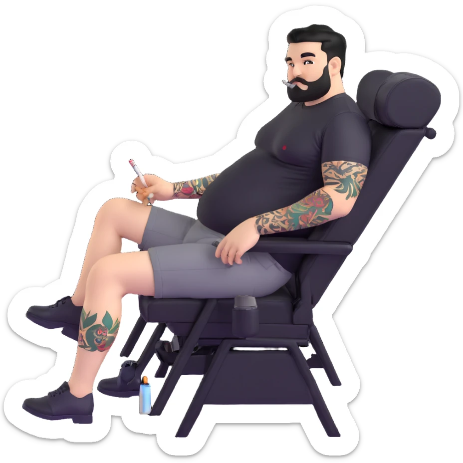 Large man reclining in chair, legs spread showing tattooed left calf, smoking a cigarette, round face, very short black hair, well-groomed beard with small mustache, light skin, black t-shirt with light stripes at top riding up to show belly, black shorts, arms and left calf covered in matching black graphic tattoo patterns sticker