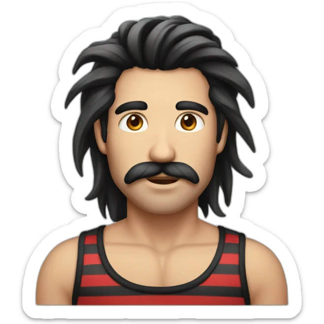 male with long black mane, long moustache and striped black and red tank top sticker