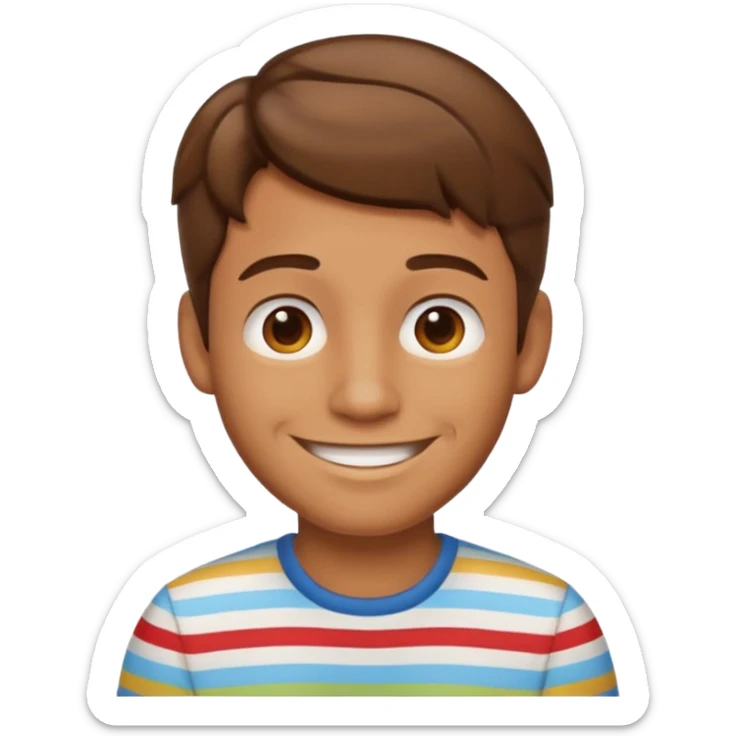 “Cartoony emoji avatar man, tanned skin, short wavy hair, wearing a striped shirt, smiling, clean turquoise background.” sticker