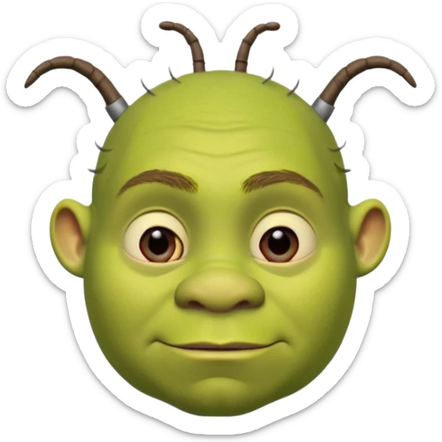 Shrek avec deux petites antennes-oreilles cylindriques plantées de chaque côté de la tête : elles sont courtes, épaisses, avec une ouverture ronde à l’extrémité.
 sticker