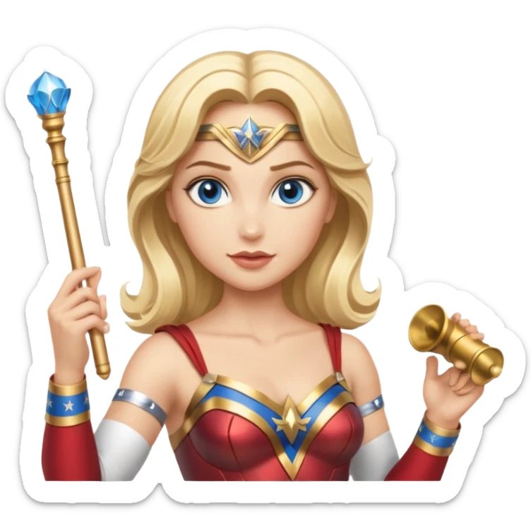 Blonde blue eyed Wonder Woman holding white orchestra conductor’s baton and bell sticker