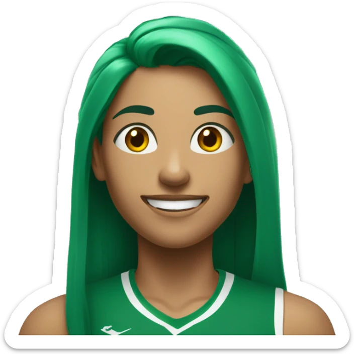 A woman in a green sports top with long green hair smiles broadly  sticker