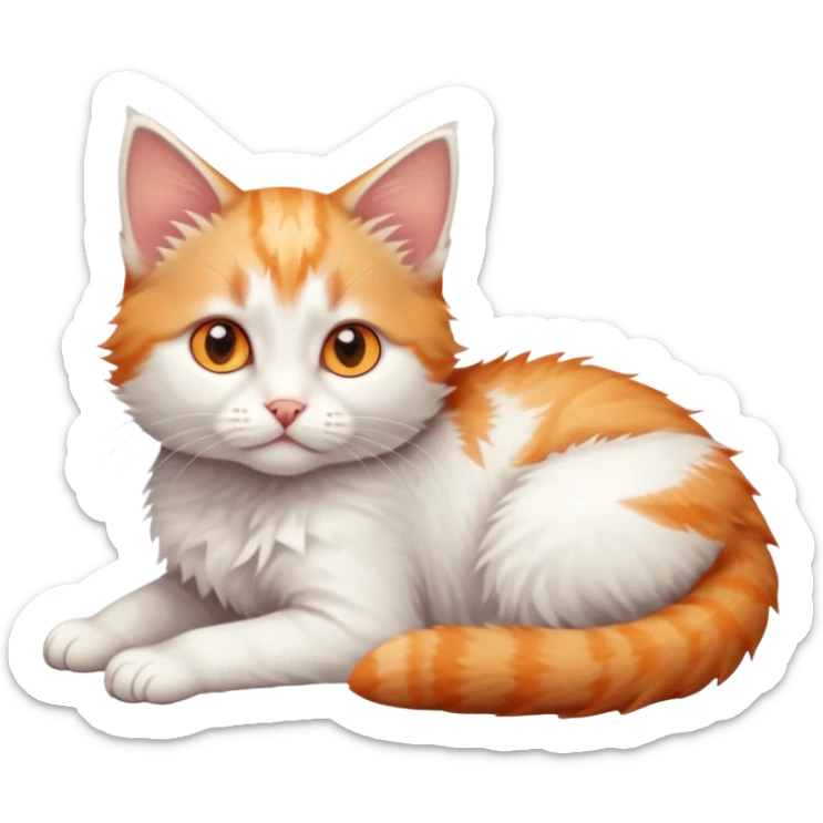full body of very small + skinny ginger and white kitten with deep orange eyes and triangular shaped face lying down sticker