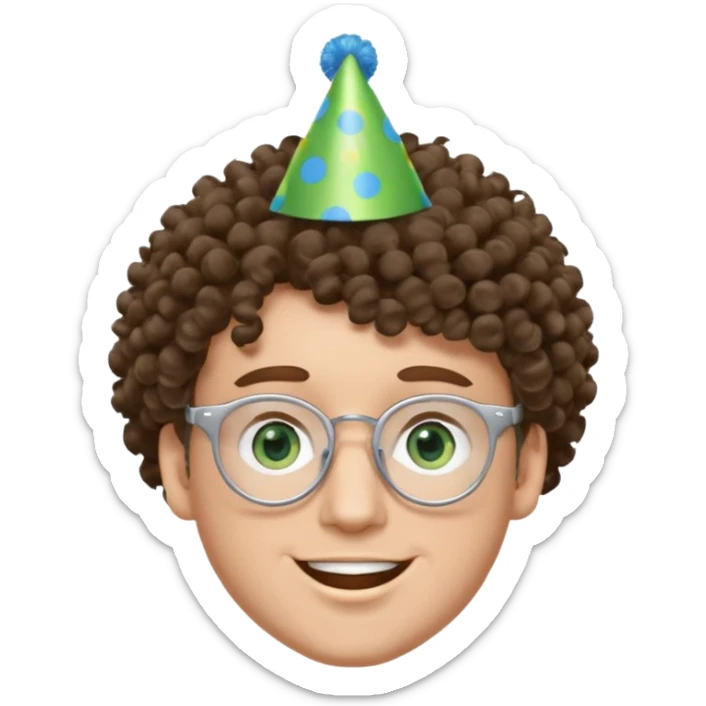 A white guy with curly brown hair and green eyes with a happy face, and wear square glasses.He’s also got a full silver birthday party hat on his head with blue pom poms on top of it, and his T-shirt is all black, he wears a little gold circle earrings on his left  sticker