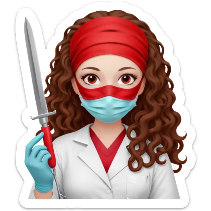Lilith symbol seductress long curly hair evil surgeon.  brown hair. Red surgical mask and hair covering. She works for cartel and kills  with a scalpel. sticker