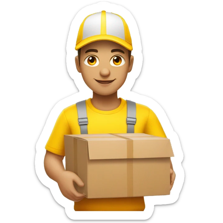 a delivery person with a yellow outfit with some red lines like the DHL logo. The delivery person carry somes carton boxes. sticker