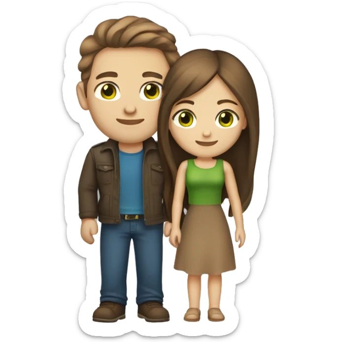 A young couple in love. Both are light skin. Both have brown hair. The woman has long hair and green eyes. The man has short brown hair und blue eyes. sticker