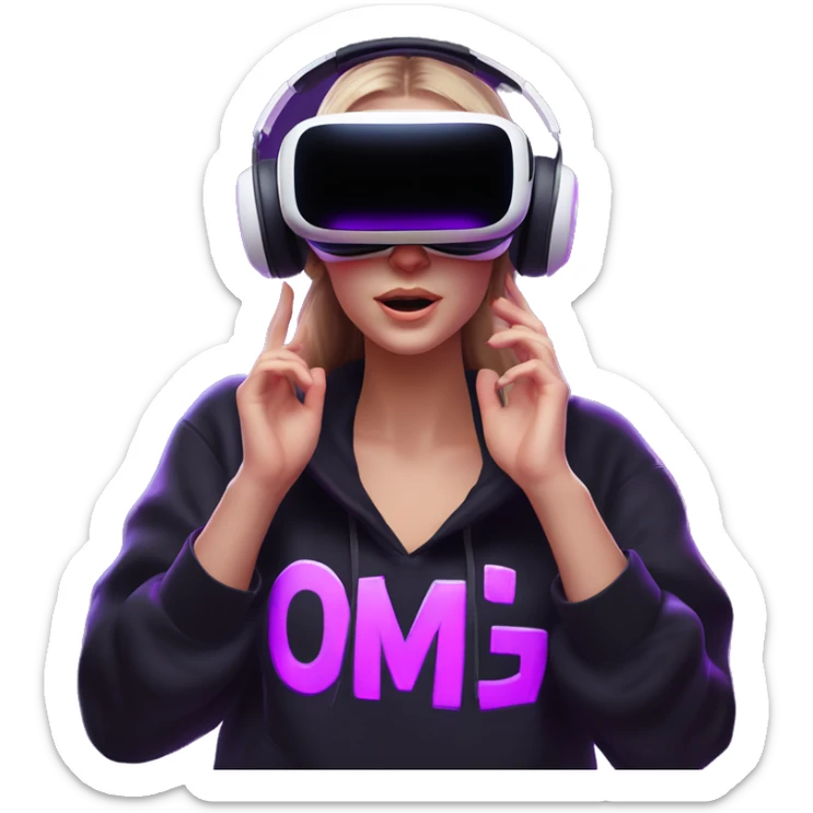 Russian girl wearing black hoody with violet letters "OMG", in vr headset oculus quest2. Dancing. Cyberpunk style. Violet neon. sticker