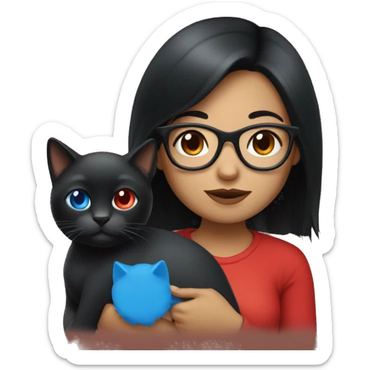 A black hair girl with glasses with a red cat with blue eyes sticker