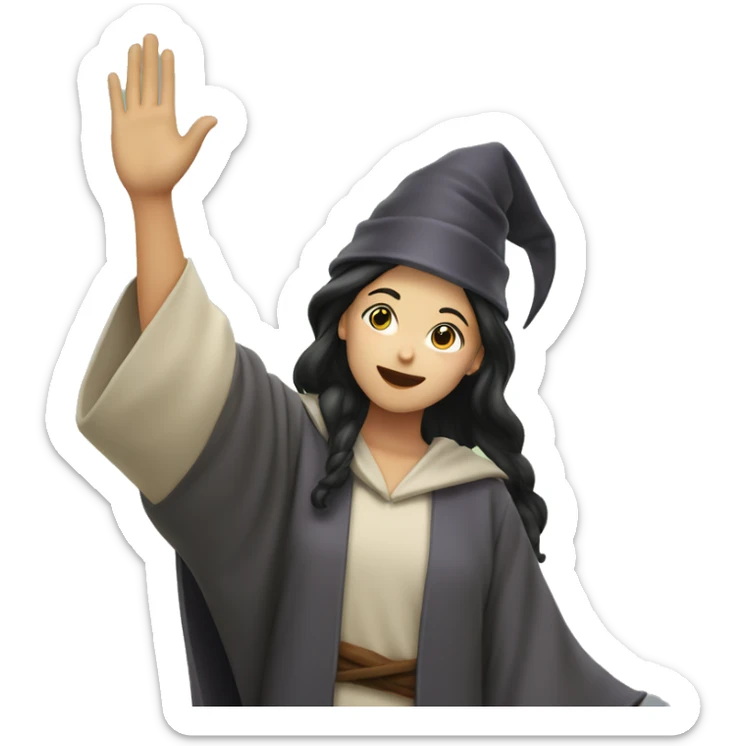 A female young wizard raises her right hand high in the air, asian face, showing until showder sticker