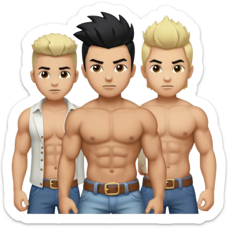 muscular boys in open shirts on in a hat and has black hair the other one has a fauxhawk and is blonde sticker