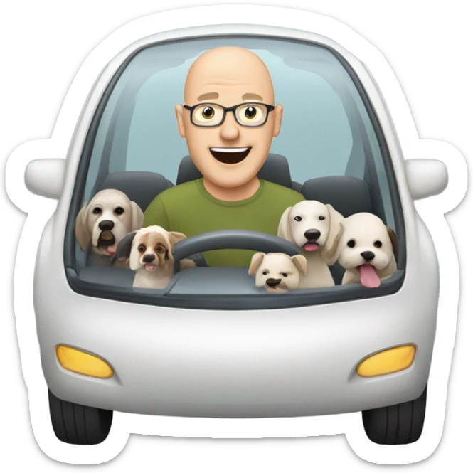 A bald man in his 50s driving a Prius filled with a bunch of dogs sticking their heads out of the windows sticker
