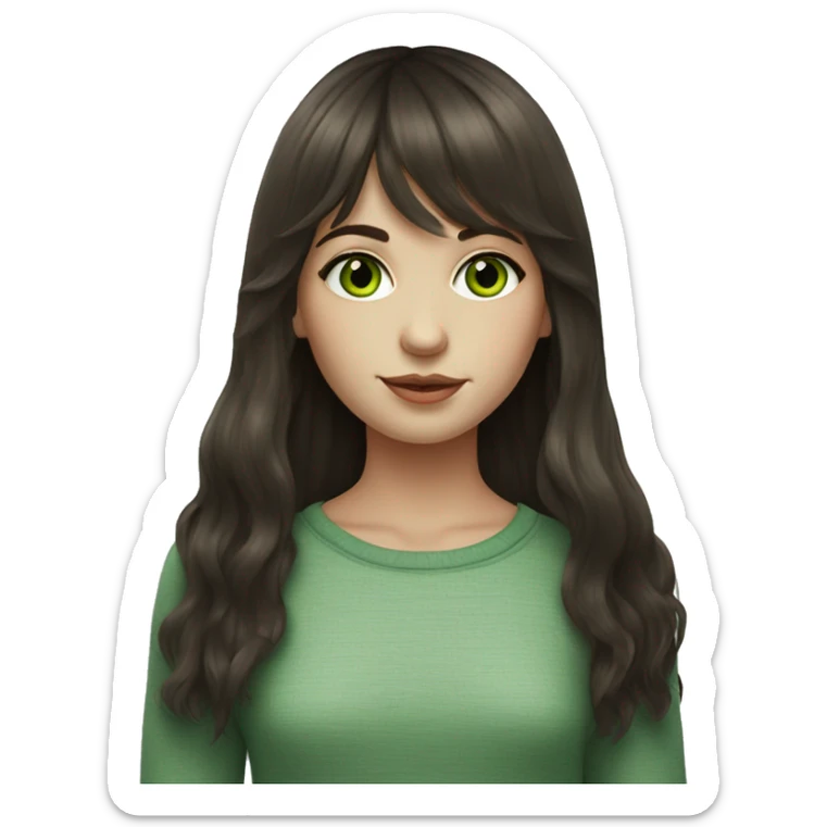 realistic portrait of girl with curtain bangs and dark brown hair with green eyes and fair skin sticker
