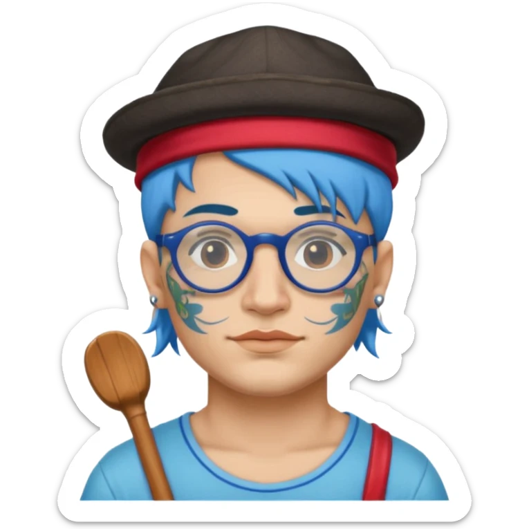 very tattoed face, normal glassess, fat venice gondolier with iconic hat and blue hair woman sticker
