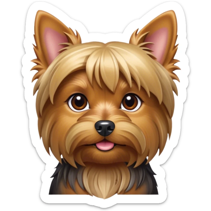 Cinematic Noble Yorkshire Terrier Portrait Emoji, Exuding refined charm and dignified poise, with a lustrous, silky fur in rich, deep hues, alert eyes and a confident expression, simplified yet exquisitely detailed, glowing with a soft, aristocratic radiance, high shine, embodying intelligent grace and classic elegance, soft glowing outline, capturing the essence of a regal Yorkshire Terrier ready to rule the screen with effortless sophistication! sticker