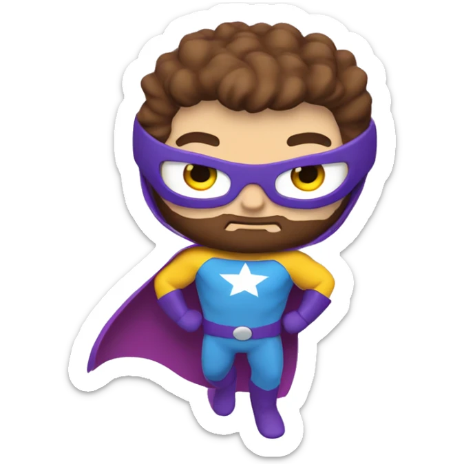 flying super hero, purple & yellow costume, white skin, blue eyes, chestnut brown hair & beard sticker