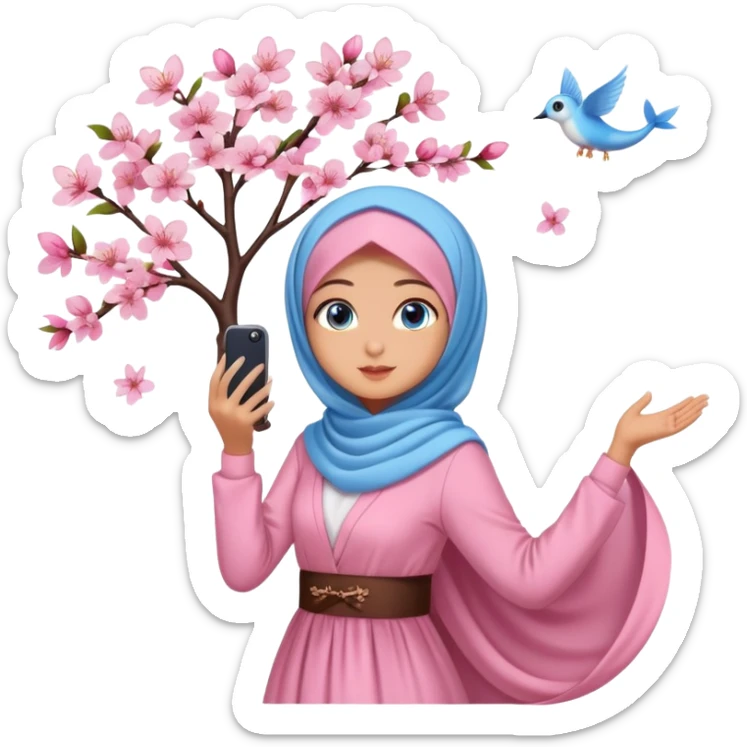 Turkish beautiful finish Konya girls blue eyes with lovely cherry blossom hijab long tail dress and she takes photo from sky sticker