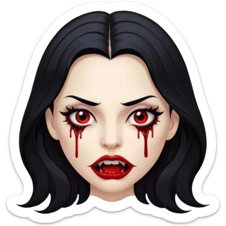 White woman with a white tank top long black hair glossy middle part long hair vamp look with fangs or blood dripping lips mouth closed brown eyes eyeliner winged with lashes top and bottom sticker