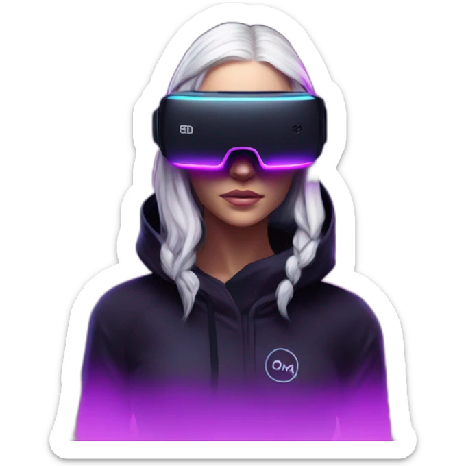 Daenerys Targaryen wearing a black hoodie with "OMG" letters on it and VR headset in a cyberpunk VR environment with violet neon lighting. sticker