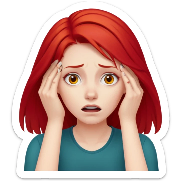 A realistic waist-up portrait of a frightened woman with her hands on her head and red hair sticker