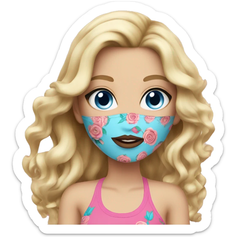 blonde woman. pink coloured bikini. wavy long hair. tattoos. blue eyes, rose lips sticker