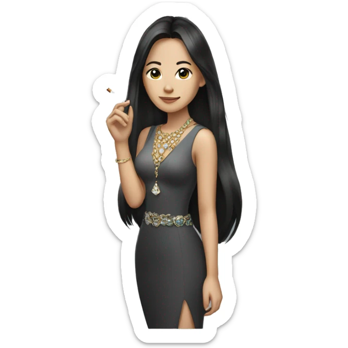 Asian brunette with long hair wearing jewelry smoking sticker
