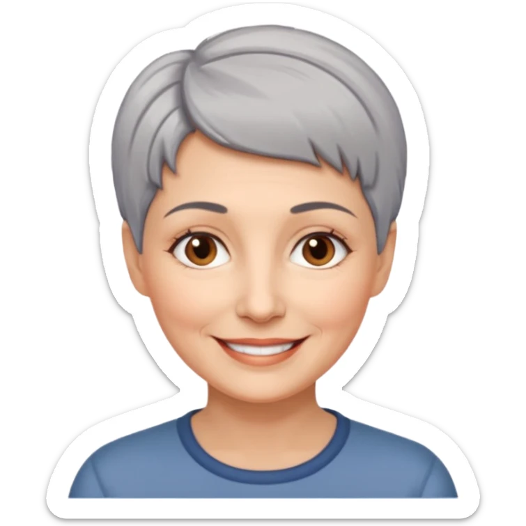 woman 50 years old, very short grey hair brown eyes smile sticker