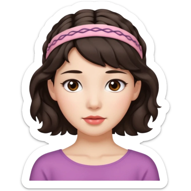 beautiful brunette with short wavy hair and  bands who looks straight ahead, snow-white skin, blush, slightly Asian sticker