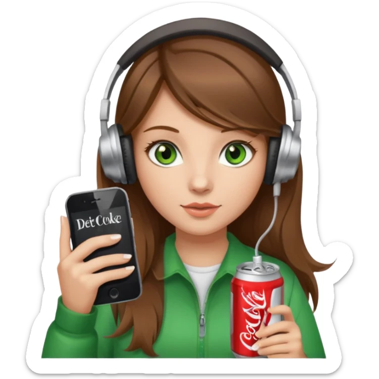a girl with brown hair blonde ends green eyes phone in hand with diet coke and wearing headphones sticker
