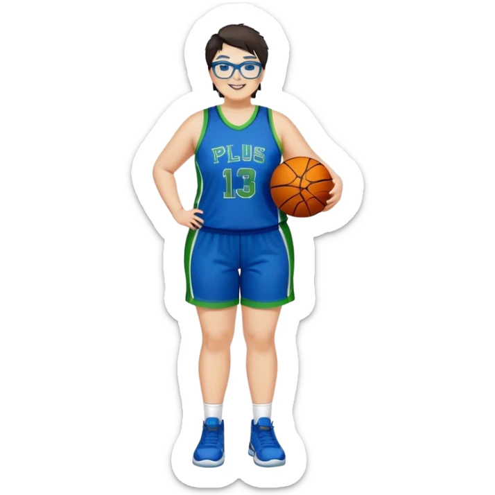 Full Body plus size white female basketball player with short dark hair with highlights spike hair wearing blue glasses  wearing blue green uniform smiling sticker