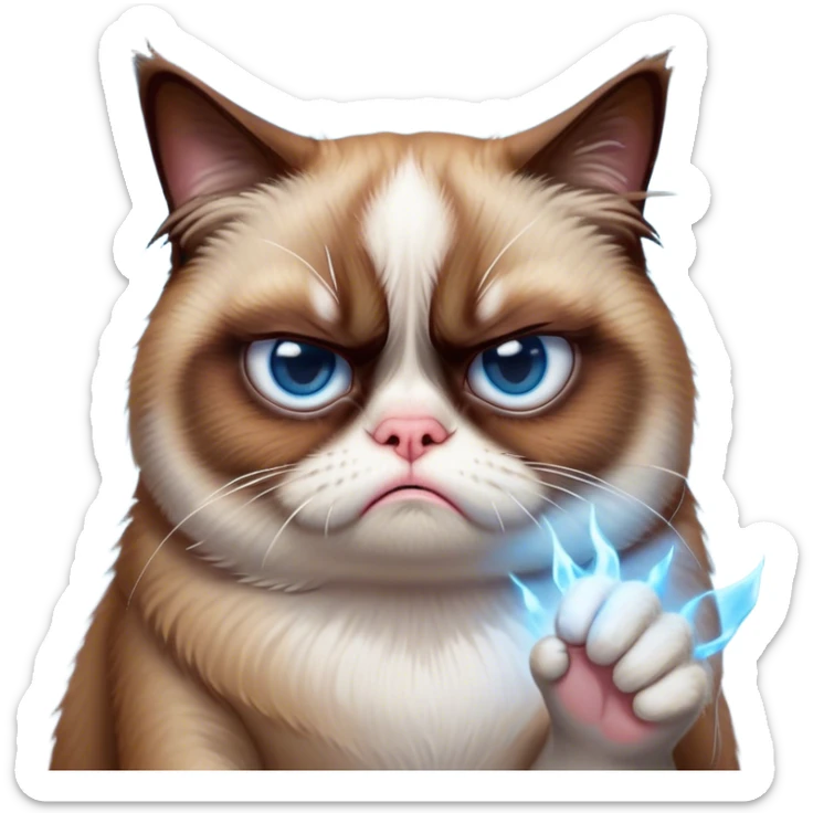 Cinematic Meme-Worthy Grumpy Cat meme Portrait Emoji, Head held high but eyes filled with dramatic disappointment, soft brown fur , white paws planted firmly in defiance, signature grumpy cat frown perfectly etched on its face, icy-blue eyes radiating pure disapproval, Simplified yet hilariously over-exaggerated features, highly detailed, glowing with an aura of supreme annoyance, high shine, exhausted yet judgmental, stylized with an almost regal pettiness, bright but brooding, soft glowing outline, capturing the essence of a feline that has seen it all and is thoroughly unimpressed, so meme-worthy it feels like it could instantly become the next viral sensation of grumpiness! sticker
