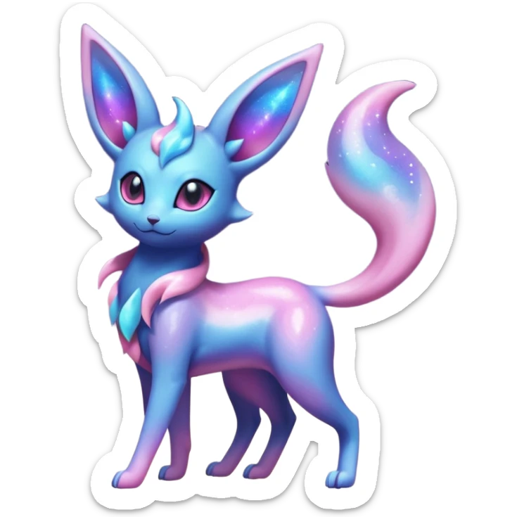 Shiny Iridescent Nebulae Espeon-Umbreon-Sylveon-Dragonair-Fakémon-hybrid-creature (full body)  with a galaxy-dust-flowing-gradient-tail sticker
