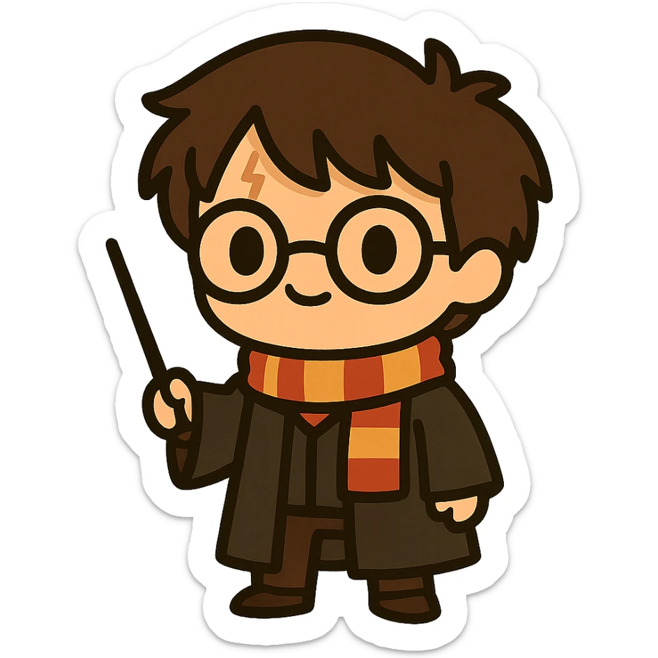 Full body illustration of Harry Potter in a cute, cartoon, simplified style matching the previous hippogriff. Features include round glasses, forehead scar, dark brown hair, striped scarf, holding a wand, wearing Hogwarts robe. Use bold black lines and soft colors. sticker