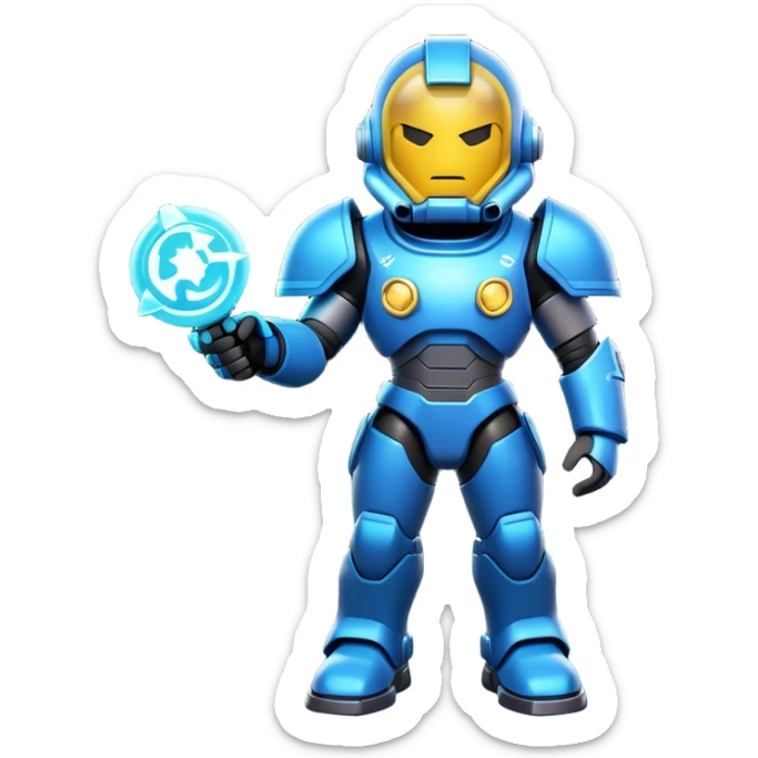 Clash of Clans aesthetic: Cinematic Playful Terran Marine Hero Emoji, rendered in a 3D vector-style similar to standard emojis with minimal shading and bold, simplified shapes. A compact, heroic isometric figure clad in futuristic power armor with signature energy accents, softly glowing with a cosmic battle charm. Simplified yet unmistakably iconic, highly detailed and consistent, glowing with a soft radiant shine and high gloss. Stylized with a touch of interstellar valor and a soft glowing outline, capturing the essence of an elite space warrior with a friendly, playful manner! sticker