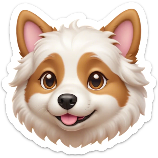 Cinematic Cute Domestic Dog Portrait Emoji, Head tilted playfully and inquisitively, with a delightfully fluffy, friendly build and a characteristically charming face featuring a soft snout and perky ears, accentuated by a glossy coat and round, sparkling eyes full of mischief, Simplified yet irresistibly adorable features, highly detailed, glowing with a warm, friendly glow, high shine, affectionate and lively, stylized with a touch of whimsical cuteness, soft glowing outline, capturing the essence of a mischievous yet loving dog that feels like it could bound out of the screen into your arms! sticker