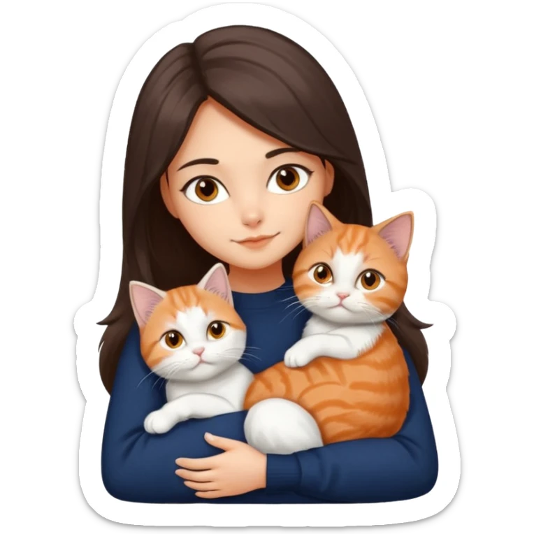 a girl with long dark brown hair, in a navy sweater, hugs a persian peaknose grey cat and persian peaknose orange and white kitten and a persion peaknose brown tabby and white cat sticker