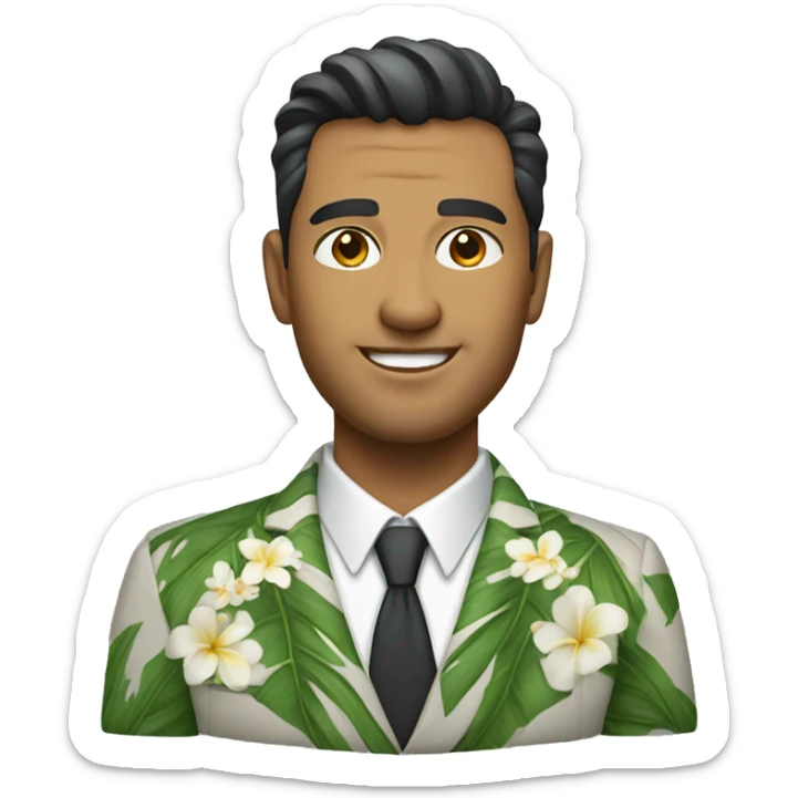 a full portrait (head to toe) of a handsome Hawaiian man with a corporate outfit sticker