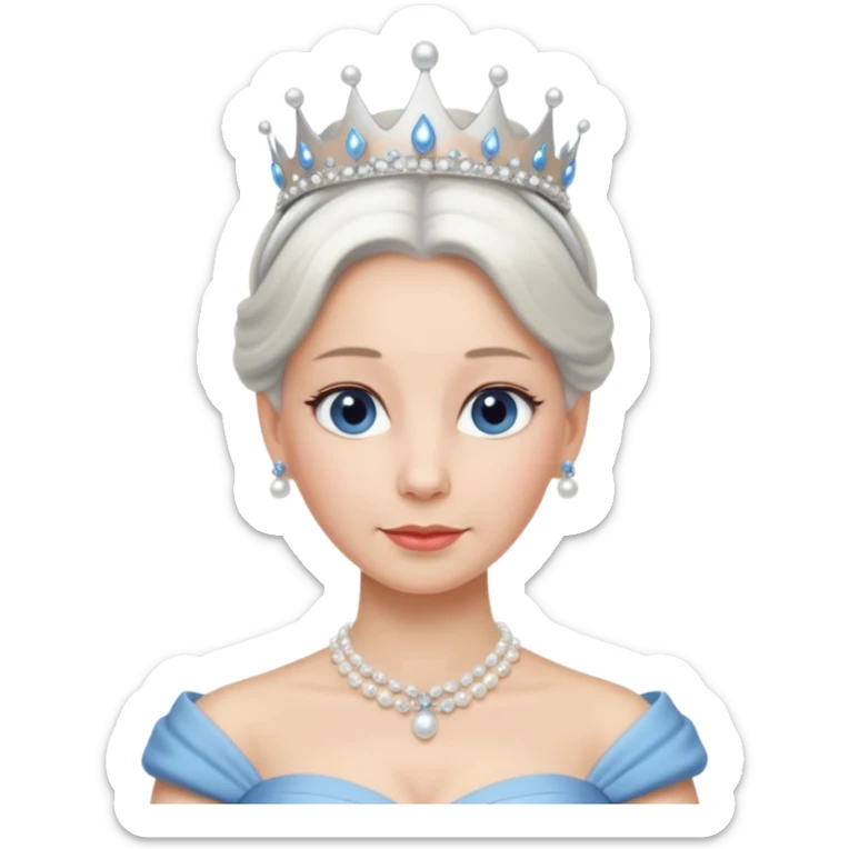 Queen with white bun hair – silver tiara, pearl necklace, elegant gown, blue dress sticker