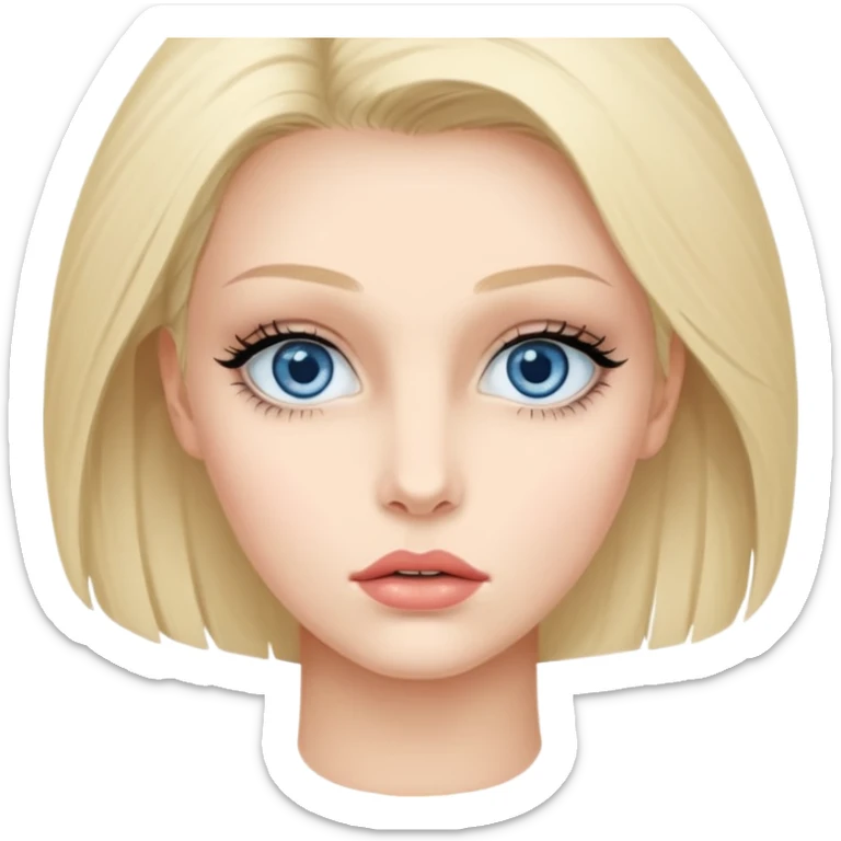 Bonnie Blue Porträt einer jungen Frau mit ovalem Gesicht, großen hellblauen Augen, langen Wimpern und geschwungenen Augenbrauen. Gerade, feine Nase und volle Lippen mit sichtbarem Lächeln. Glatte, leicht gebräunte Haut mit natürlichem Glow. Schulterlanges, blondes Haar mit Locken und Mittelscheitel sticker