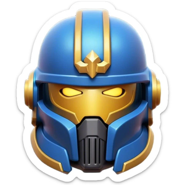 Clash of Clans aesthetic: Cinematic Playful Space Marine Helmet Emoji, rendered in a 3D vector-style similar to standard emojis with minimal shading and bold, simplified shapes. A compact, heroic isometric helmet with futuristic, armored detailing and a glowing visor, softly glowing with a battle-ready cosmic charm. Simplified yet unmistakably iconic, highly detailed and consistent, glowing with a soft radiant shine and high gloss. Stylized with a touch of interstellar valor and a soft glowing outline, capturing the essence of an elite warrior’s helm with a friendly, playful spirit! sticker