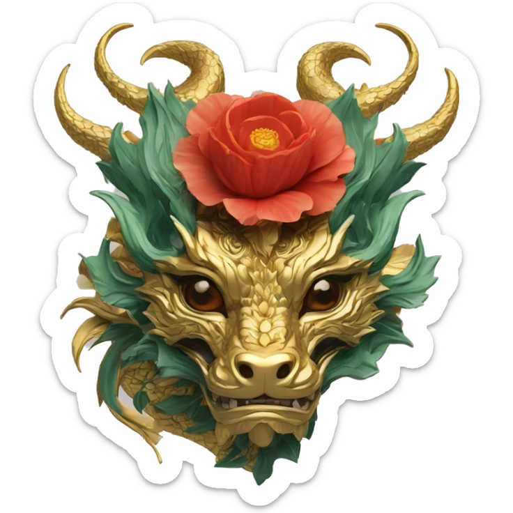 Intricate floral flower red and black and gold and jade dragon face with flowers poppies roses detailed sticker