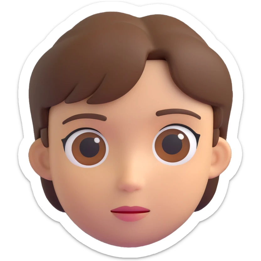 cartoon face of a young person with short brown hair and a blank expression in 3D emoji style sticker