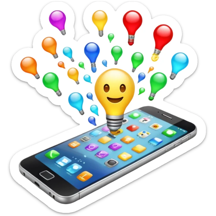 Generate a realistic emoji of a smartphone where a lot of things like data, ideas, inventions and creative stuff coming out of it. Whats coming  out of it spreads in the air  sticker