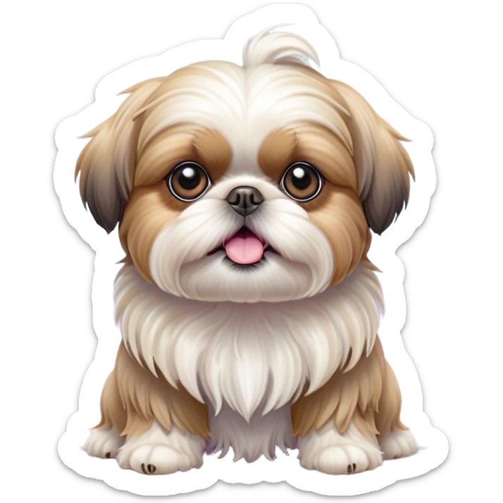 Cinematic Comical Shih Tzu Portrait Emoji, Head cocked with a hilariously exaggerated, shocked expression and twinkling, comically wide eyes, showcasing a fluffy, luxurious fur in soft pastel tones, simplified yet whimsically detailed, glowing with a playful, sassy radiance, high shine, exuding a humorous and cheeky charm, styled with a soft glowing outline, capturing the essence of a Shih Tzu that looks as if it could burst into a fit of playful antics at any moment! sticker