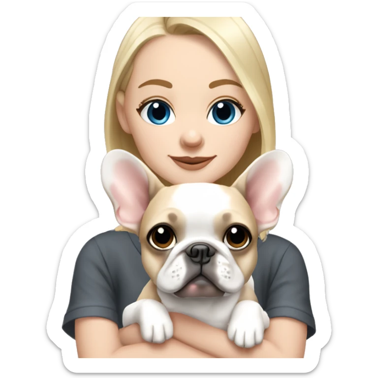 Blonde girl blue eyes holding dark grey frenchie and fawn pied frenchie sticker