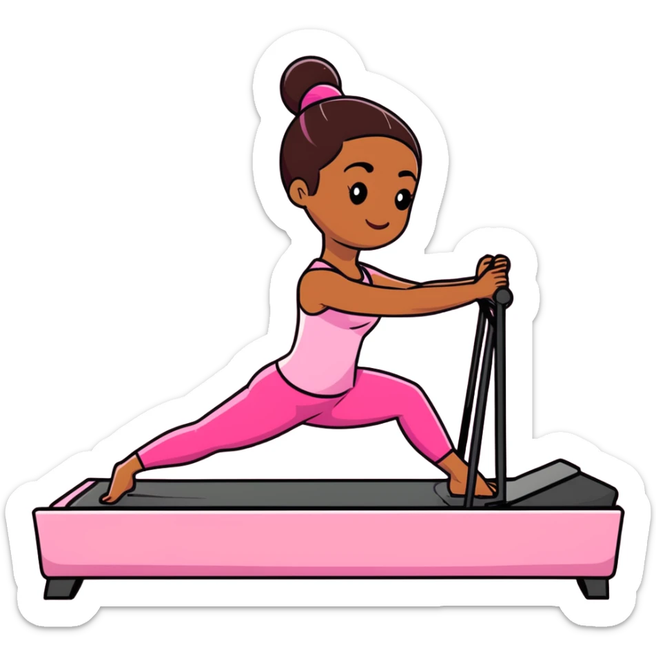 Brown girl in pink outfit on pink reformer pilates sticker