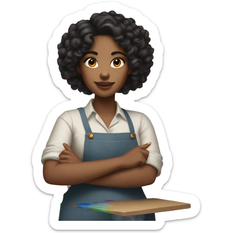 A painter woman with black curly hair, brown eyes and a paint palette in her hand sticker