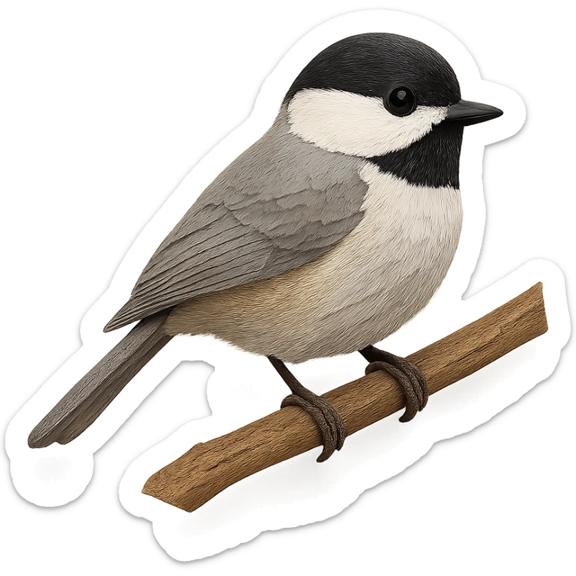 very detailed Carolina Chickadee perched on a tree branch, intricate cut paper textures, soft gray and white feathers, black cap and bib, subtle buff sides sticker
