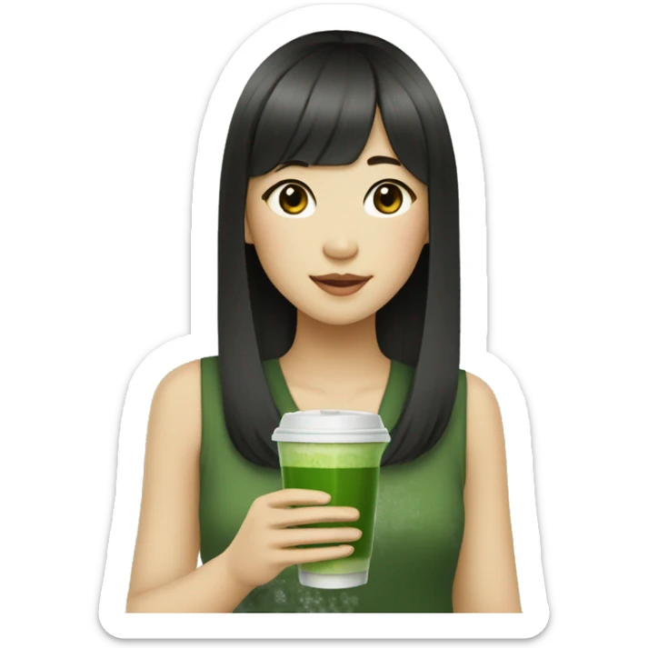 Asian girl with long hair, light skin, dark eyes, and bangs drinking matcha   sticker